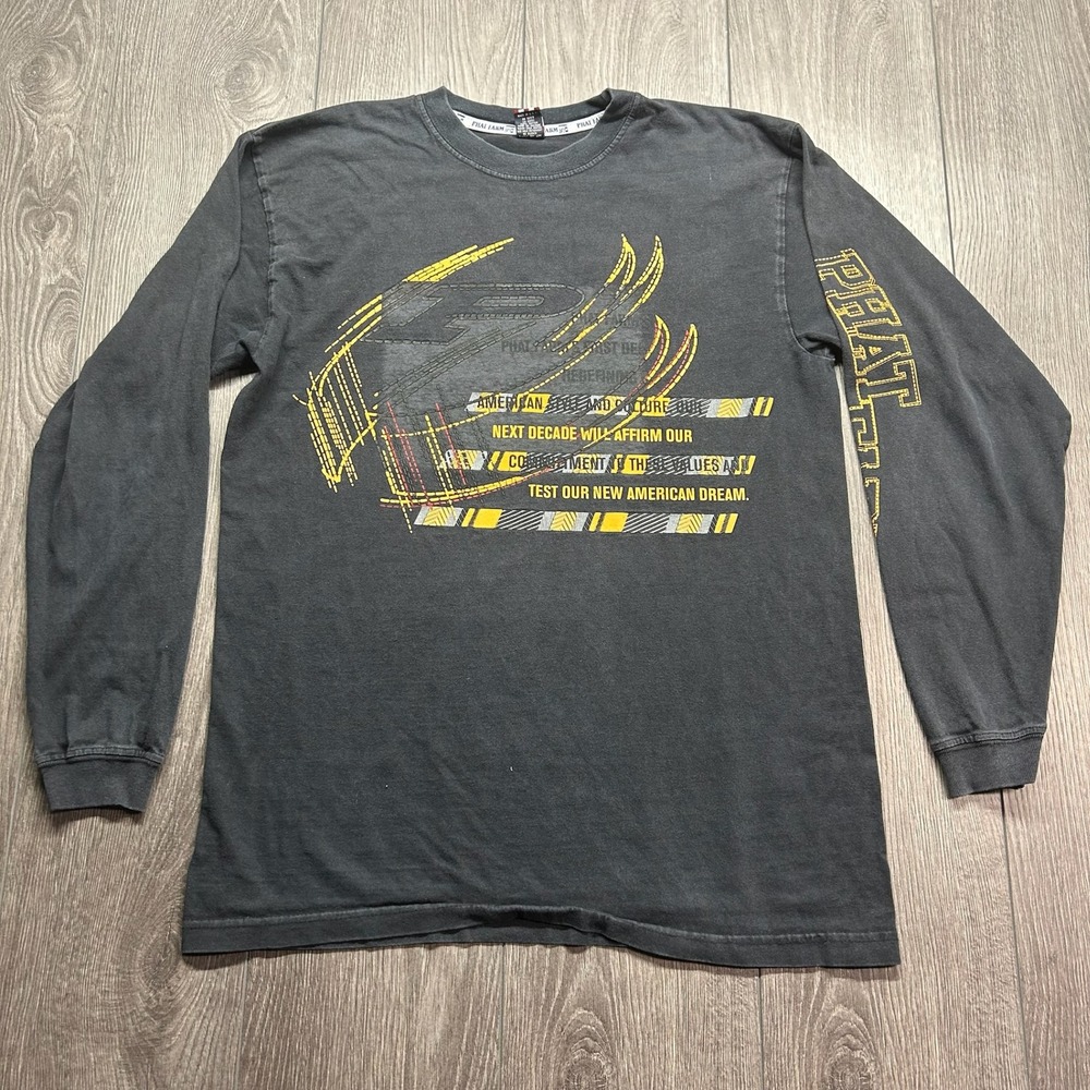 Vintage Phat Farm Mens Medium Graphic Long Sleeve T-Shirt Black Y2K Streetwear